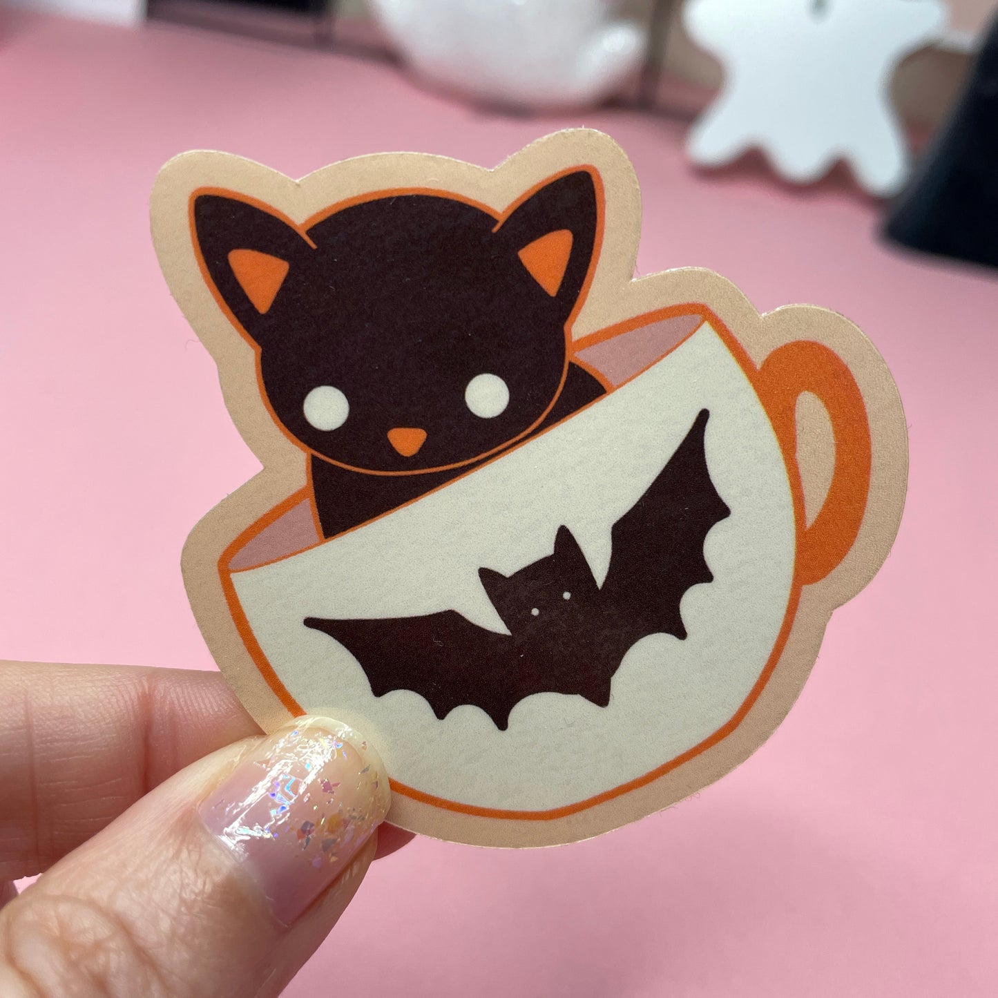 Spooky Coffee Mugs Stickers: Pumpkin Mugs, Cute Cat in Teacup Vinyl Sticker