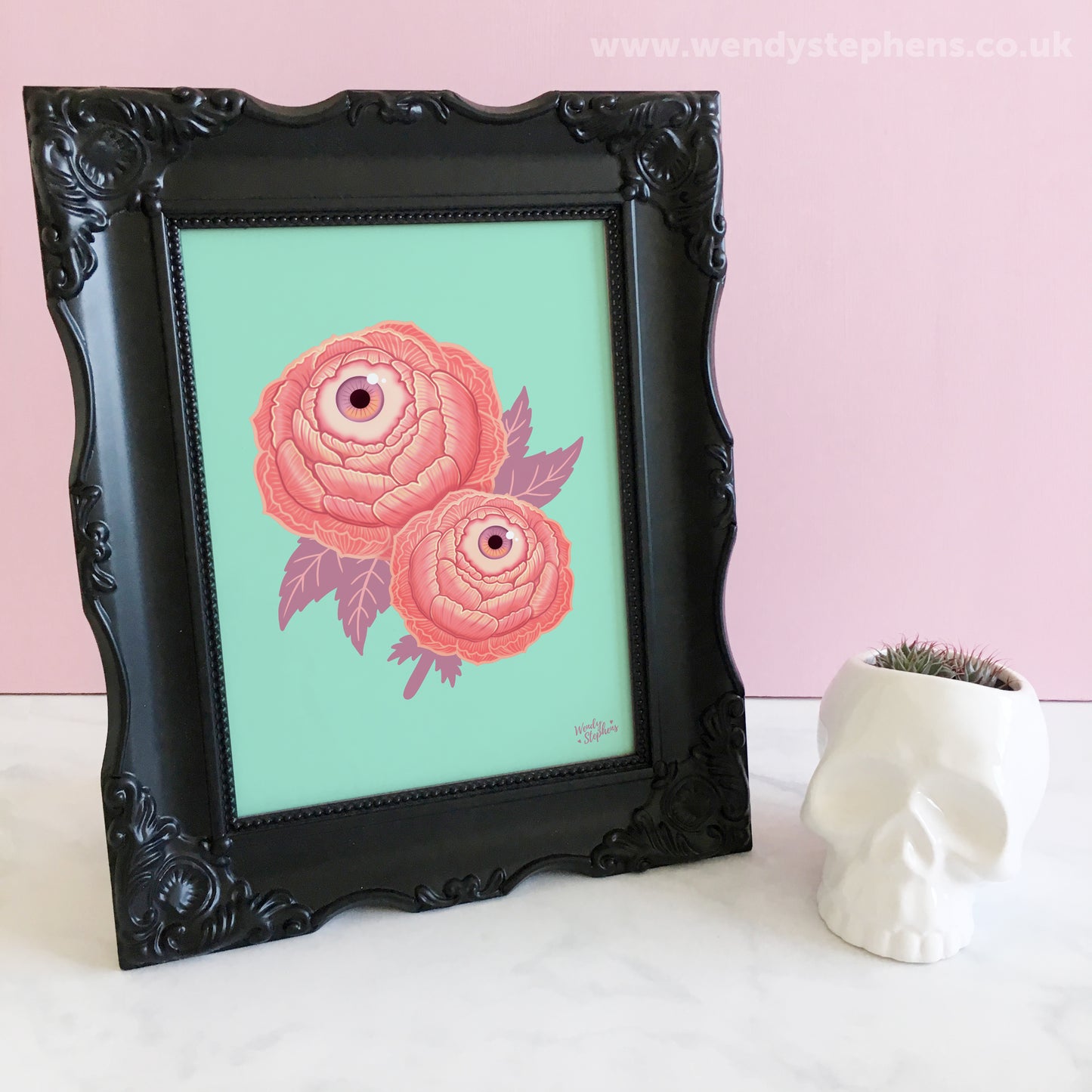 Cute Pink Eyeball Flower Peony Spooky Art Print
