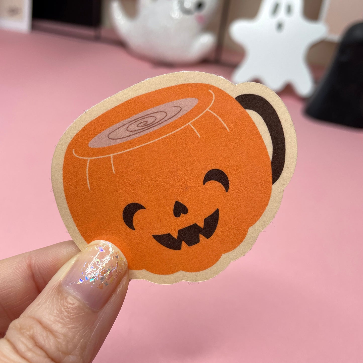 Spooky Coffee Mugs Stickers: Pumpkin Mugs, Cute Cat in Teacup Vinyl Sticker