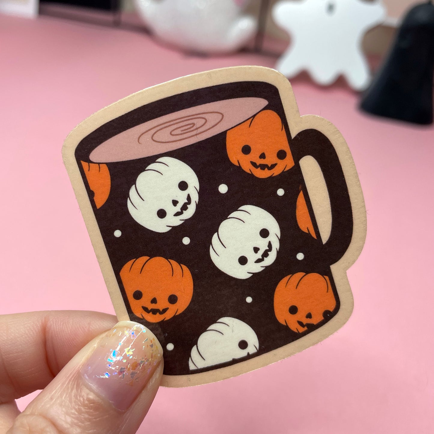 Spooky Coffee Mugs Stickers: Pumpkin Mugs, Cute Cat in Teacup Vinyl Sticker
