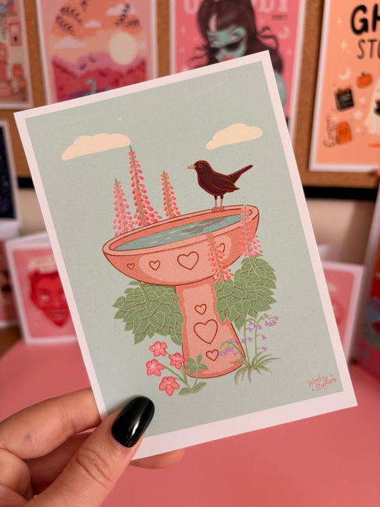 Blackbird & Bird Bath Print, Cottagecore Art, Garden Bird Lover Gift, British Nature Art