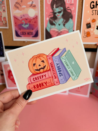 Books & Pumpkin Print, Creepy Kooky Spooky Bookshelf Wall Art, Reading Nook Art Print,