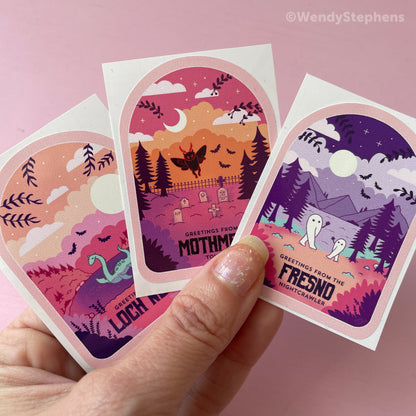 Cryptid Travel Poster Sticker Set: Mothman, Loch Ness, Fresno Nightcrawler
