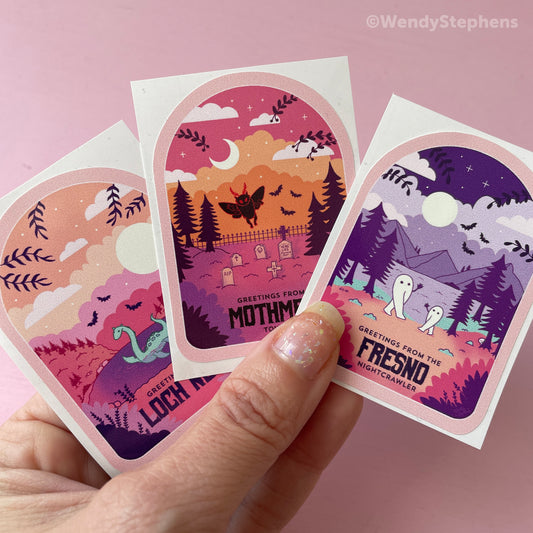 Cryptid Travel Poster Sticker Set: Mothman, Loch Ness, Fresno Nightcrawler
