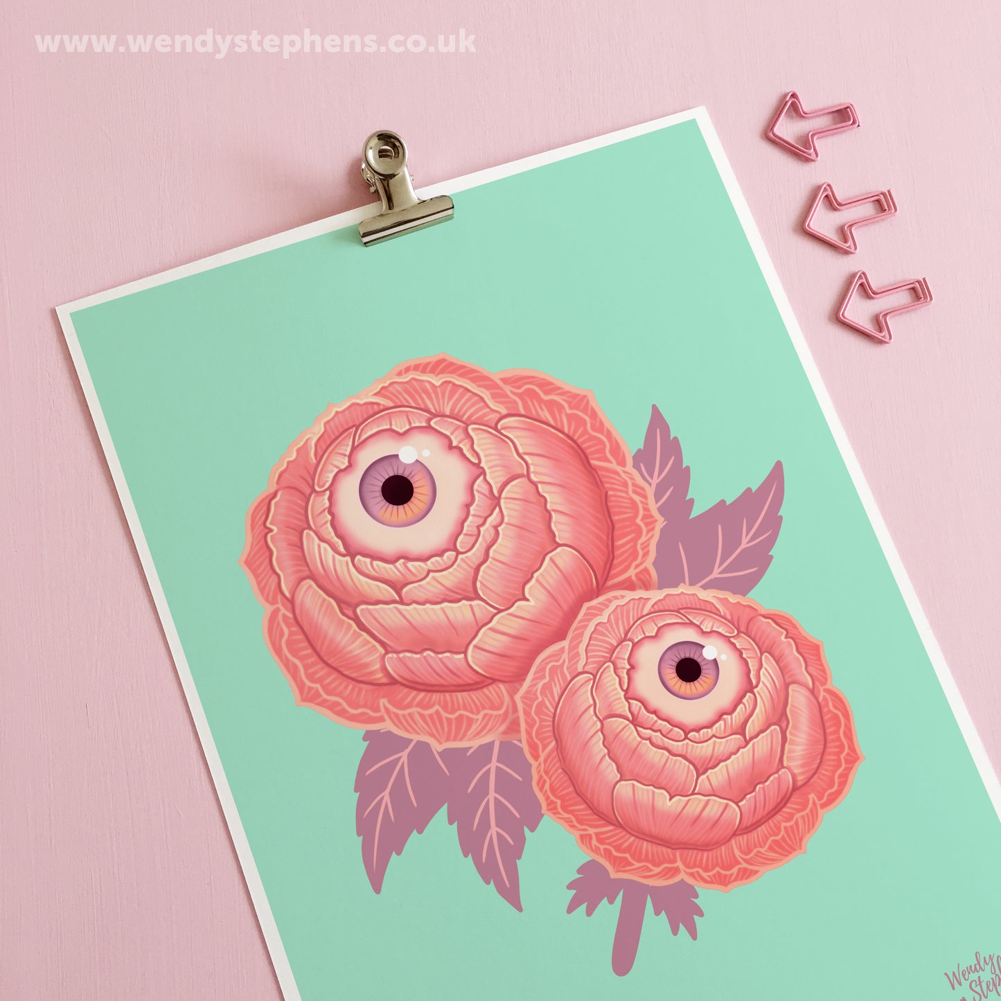 Cute Pink Eyeball Flower Peony Spooky Art Print
