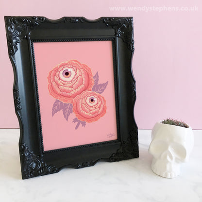 Cute Pink Eyeball Flower Peony Spooky Art Print