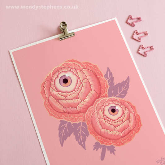 Cute Pink Eyeball Flower Peony Spooky Art Print