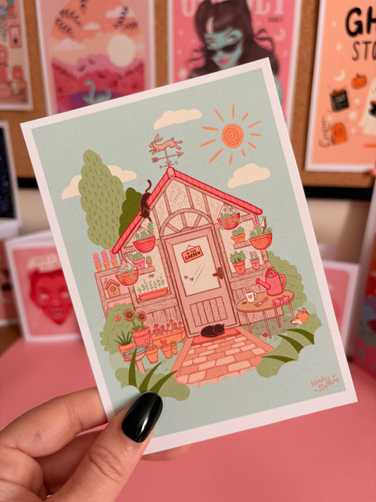 Garden Greenhouse Print, Cottagecore Art, Garden Bird Lover Gift, British Nature Art