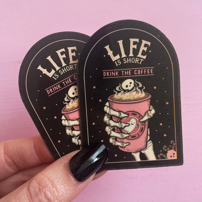 Grim Reaper Skeleton Coffee Cup Spooky Vinyl Sticker