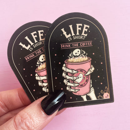 Grim Reaper Skeleton Coffee Cup Spooky Vinyl Sticker