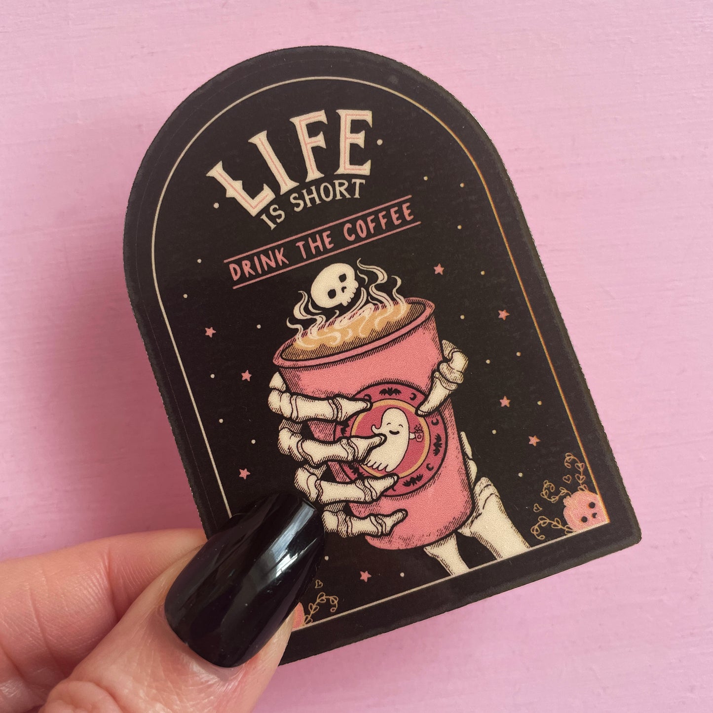 Grim Reaper Skeleton Coffee Cup Spooky Vinyl Sticker