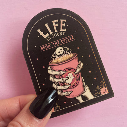 Grim Reaper Skeleton Coffee Cup Spooky Vinyl Sticker