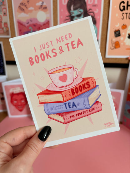 Stack of Books & Tea, Book Lover Art Print, Bookshelf Wall Art