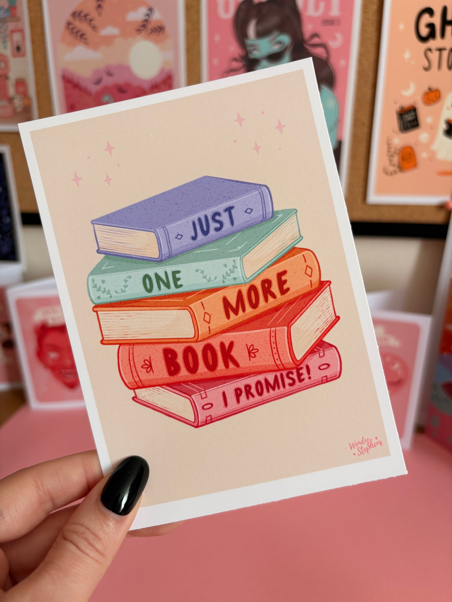 Just One More Book Wall Art, Stack of Books, Reading Nook Bookshelf Art Print