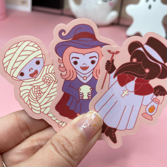 Spooky Monster Stickers: Mummy, Witch, Plague Doctor Vinyl Sticker