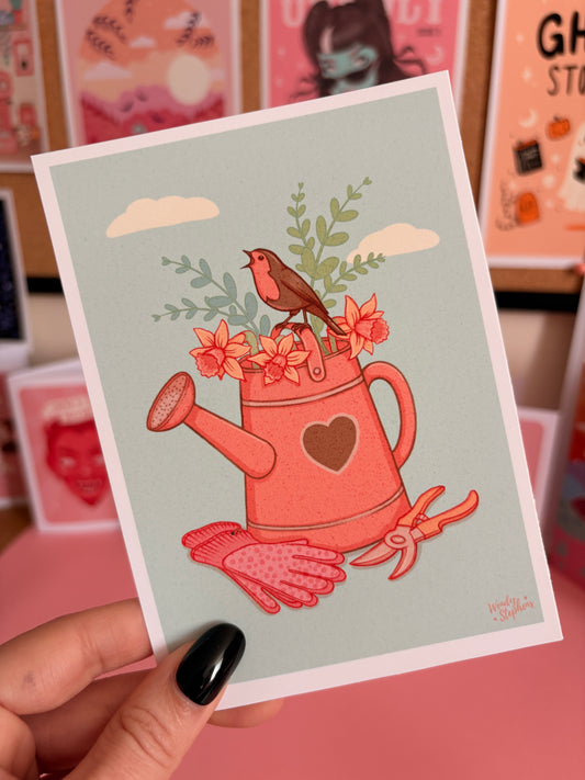 Robin & Watering Can Print, Cottagecore Art, Garden Bird Lover Gift, British Nature Art