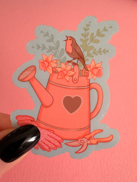 Robin & Watering Can Sticker, Cottagecore Vinyl Decal, Garden Bird Lover Gift, British Nature Sticker,
