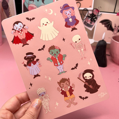 Spooky Monsters Sticker Sheet, Halloween Gothic Spooky Stickers