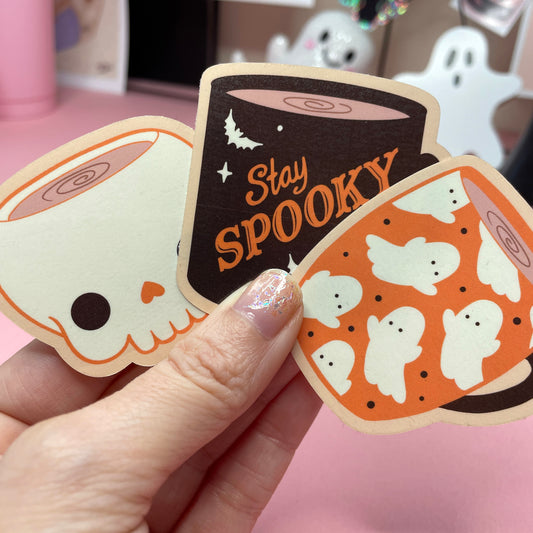 Spooky Coffee Mugs Stickers: Skull, Ghost, Stay Spooky Vinyl Sticker
