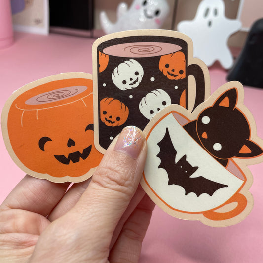 Spooky Coffee Mugs Stickers: Pumpkin Mugs, Cute Cat in Teacup Vinyl Sticker