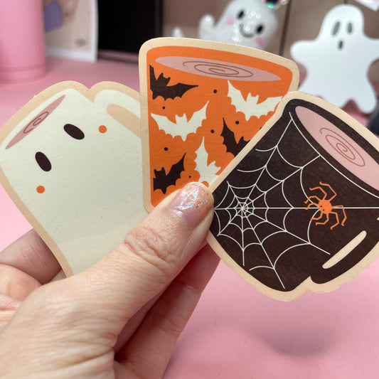 Spooky Coffee Mugs Stickers: Ghost, Bat, Spiderweb Vinyl Sticker