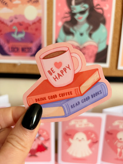 Coffee & Stack of Books Sticker, Bookish Stickers, Book Lover Stickers for Spooky Readers