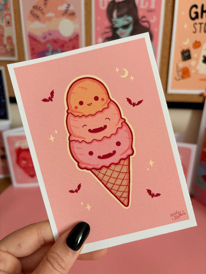 Summerween Pumpkin Triple Ice Cream Cone Art Print, Gothic Home Decor, Pastel Goth Wall Art