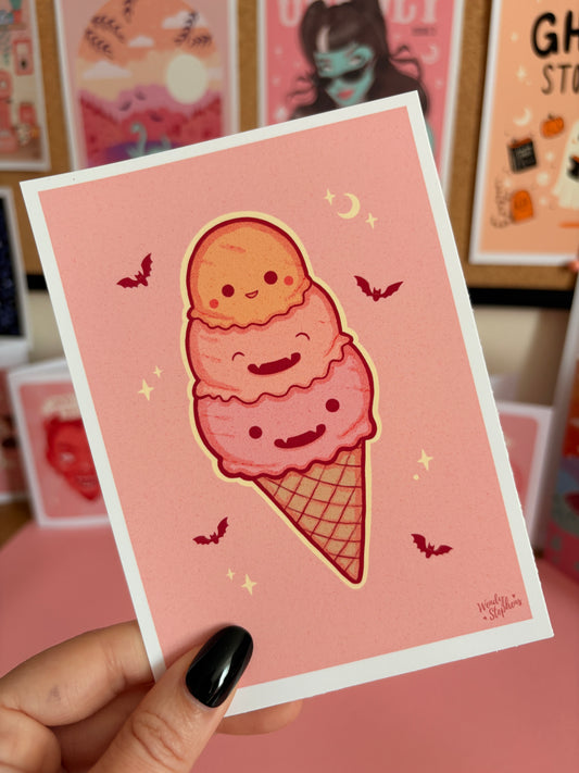 Summerween Pumpkin Triple Ice Cream Cone Art Print, Gothic Home Decor, Pastel Goth Wall Art