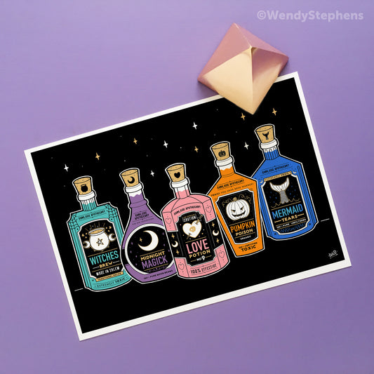Witch Potion Bottles Art Print