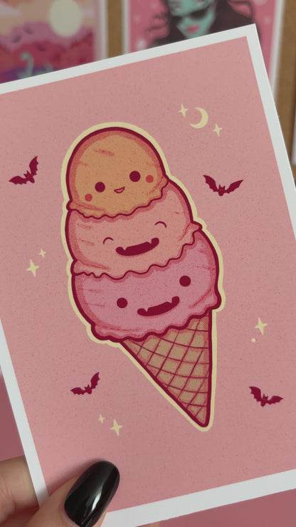 Summerween Pumpkin Triple Ice Cream Cone Art Print, Gothic Home Decor, Pastel Goth Wall Art