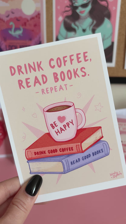 Drink Coffee, Read Books Wall Art Print, Stack of Books & Coffee, Bookshelf Art