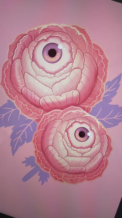 Cute Pink Eyeball Flower Peony Spooky Art Print