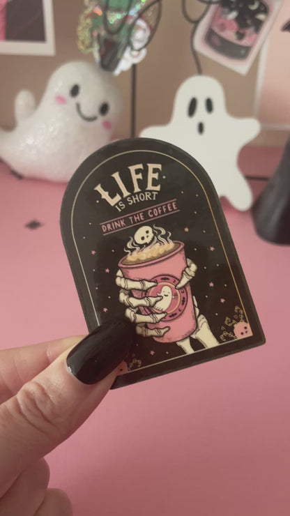 Grim Reaper Skeleton Coffee Cup Spooky Vinyl Sticker