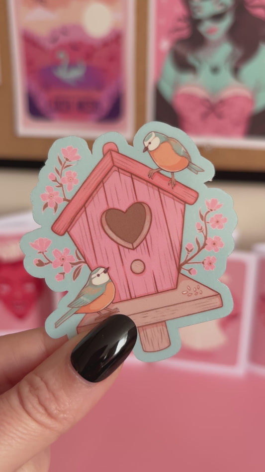 Birdhouse Sticker, Cottagecore Vinyl Decal, Garden Bird Lover Gift, British Nature Sticker,