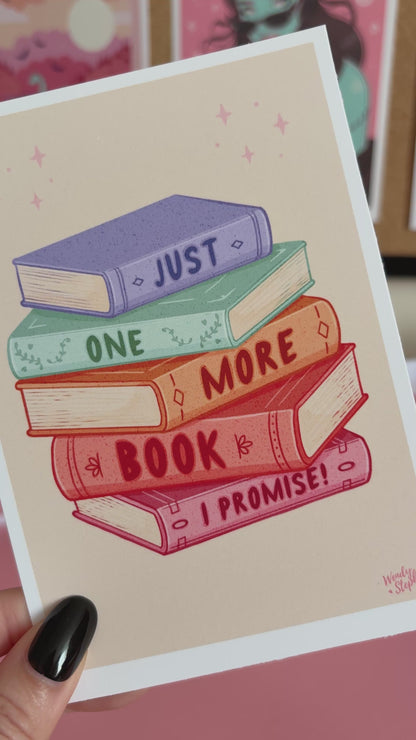 Just One More Book Wall Art, Stack of Books, Reading Nook Bookshelf Art Print
