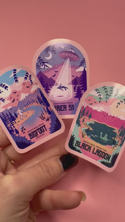 Cryptid Travel Poster Sticker Set: BigFoot, Black Lagoon, Area 51