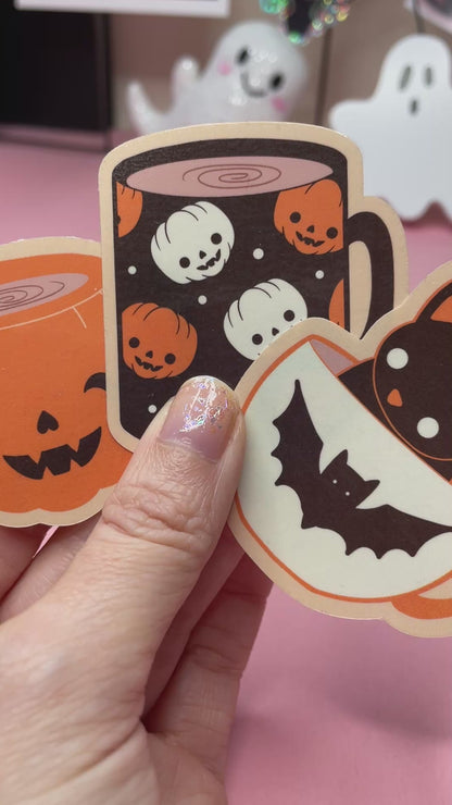 Spooky Coffee Mugs Stickers: Pumpkin Mugs, Cute Cat in Teacup Vinyl Sticker