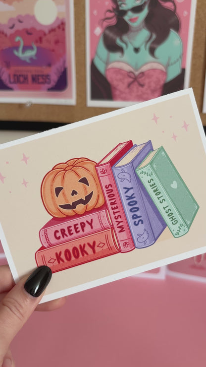 Books & Pumpkin Print, Creepy Kooky Spooky Bookshelf Wall Art, Reading Nook Art Print,