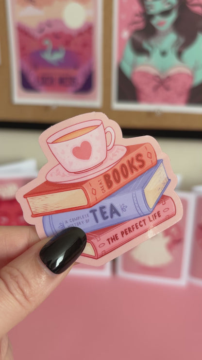 Pile of Books & Tea Sticker, Bookish Stickers, Book Lover Stickers for Spooky Readers