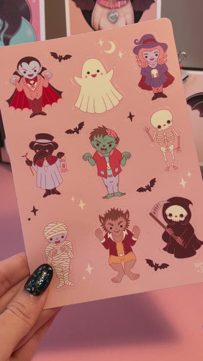 Spooky Monsters Sticker Sheet, Halloween Gothic Spooky Stickers