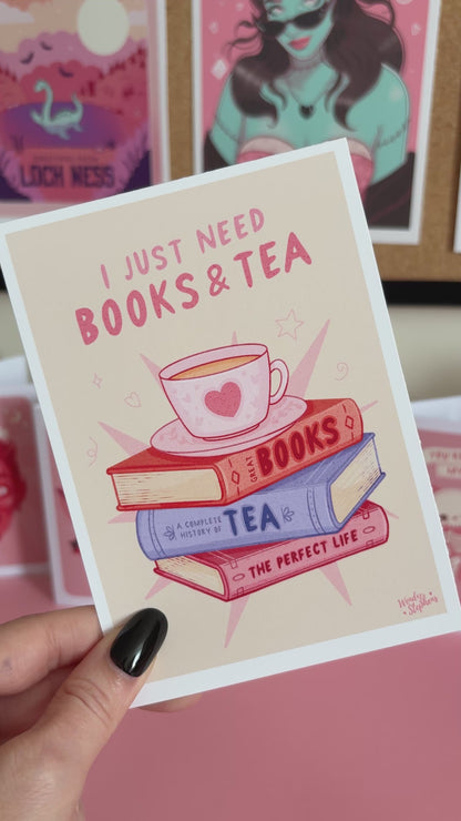 Stack of Books & Tea, Book Lover Art Print, Bookshelf Wall Art