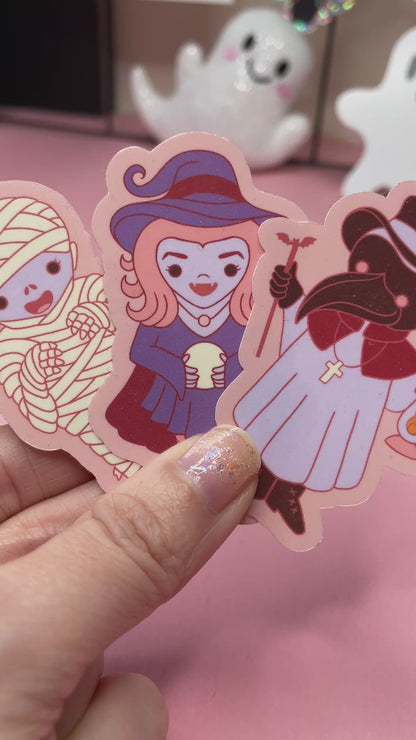 Spooky Monster Stickers: Mummy, Witch, Plague Doctor Vinyl Sticker